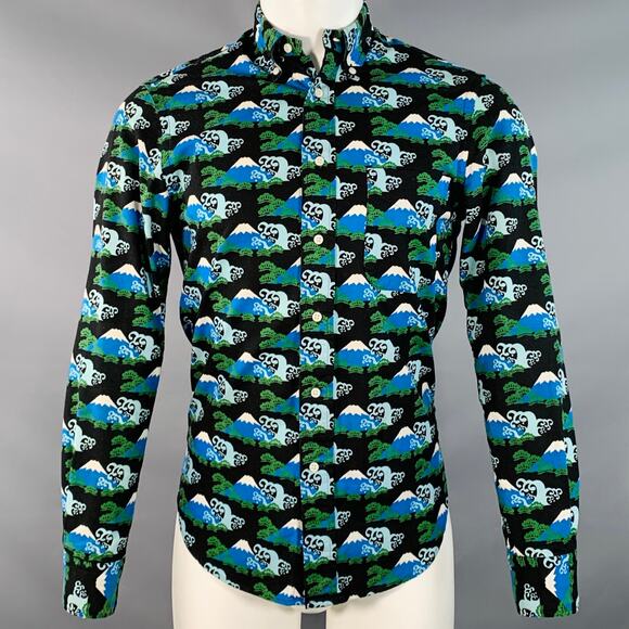 Size S Blue Black Mt. Fuji Cotton Button Down Collar Long Sleeve Shirt - Picture 1 of 6